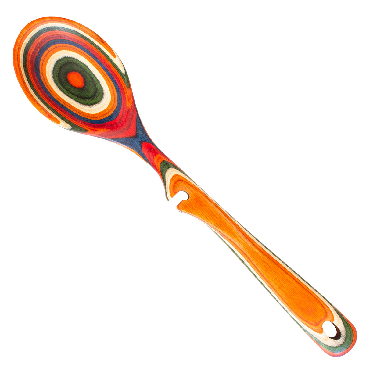 Add a splash of cool color to your kitchen with the Baltique Mykonos  Collection Cooking Spoon with Spoon Rest Notch. This eye-catching utensil  is masterfully crafted from layers of colored birch wood