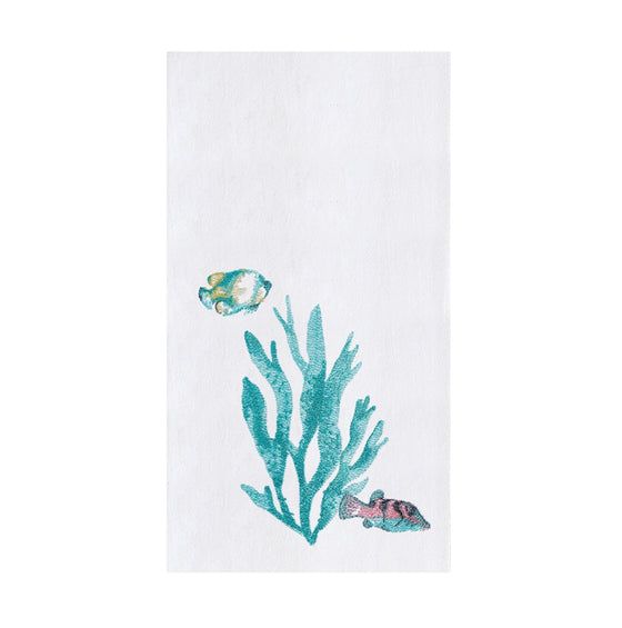 White towel with blue, green, and pink tropical fish swimming next to blue coral.