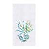 White towel with blue and green shells and seaweed.