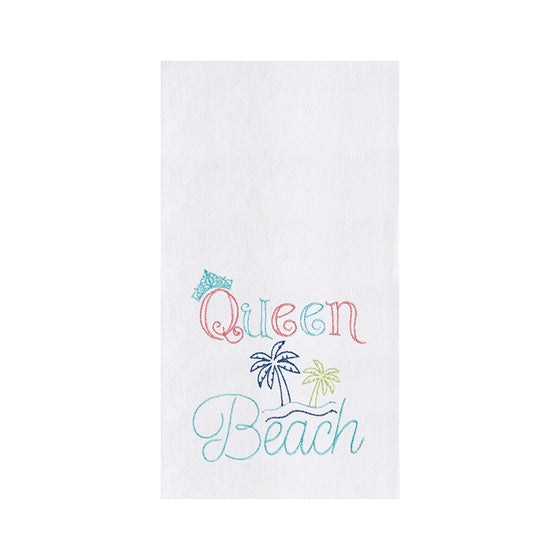 White towel with blue and pink text reading "Queen Beach" next to palm trees.