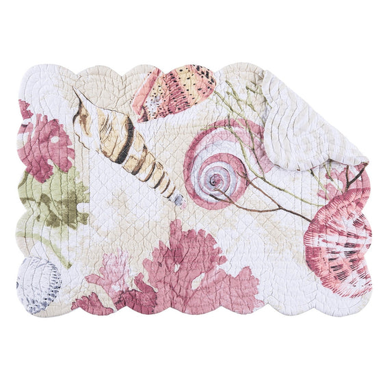 Placemat with blush, brown, and blue seashells and vegetation.
