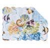 Placemat with multicolored sealife with coral, seahorses, and shells.
