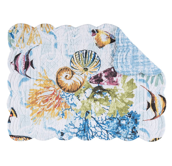 Placemat with multicolored sealife with coral, seahorses, and shells.