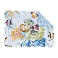  Placemat with multicolored sealife with coral, seahorses, and shells.