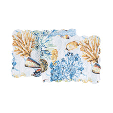  Table runner with orange, blue, yellow, and green sealife, coral, and shells.