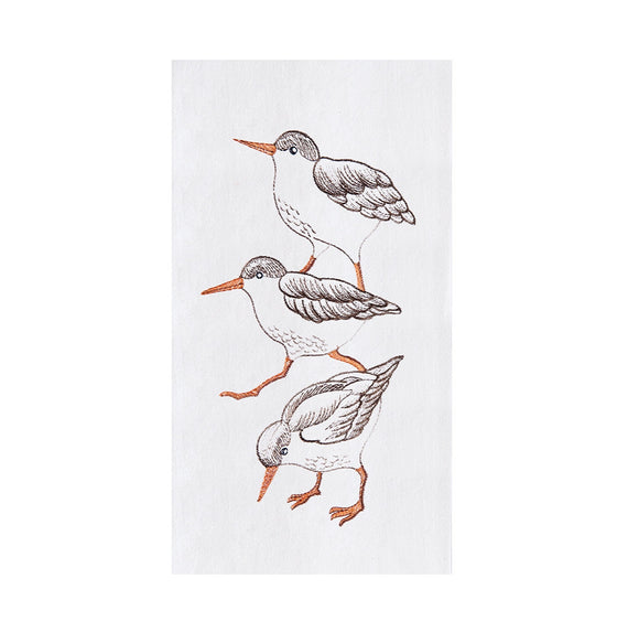White towel with three orange and brown sandpipers.