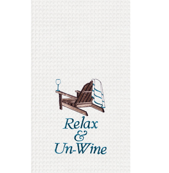 White towel with brown adirondack chair above blue text reading "Relax & Un-Wine."