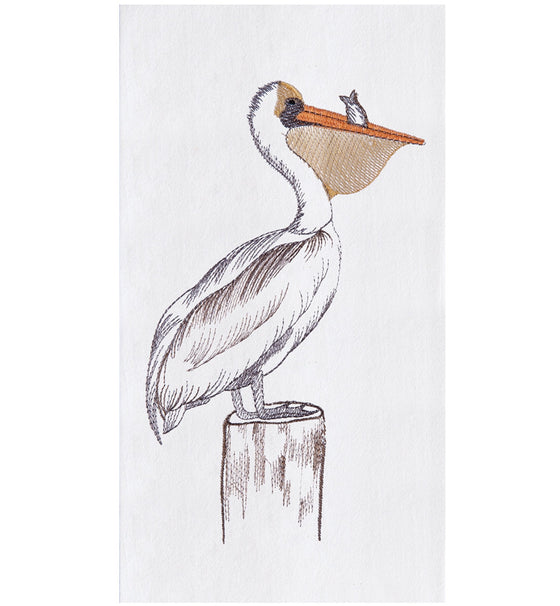 White towel with brown and orange pelican standing on a pillar.