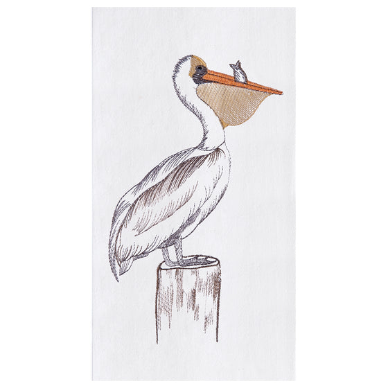 White towel with brown and orange pelican standing on a pillar.