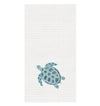 White towel with aqua and dark blue turtle.