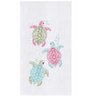 White towel with blue, pink, and green turtles.