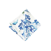  Blue and white cloth napkin with sealife, shells, and coral