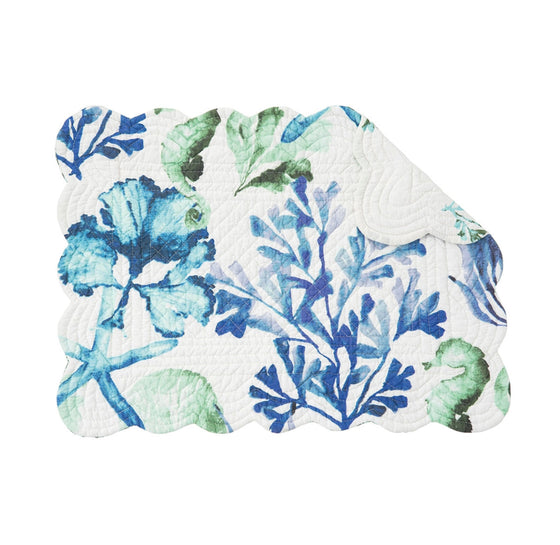 Indigo, aqua and green cloth palcemat with sealife, shells, and coral