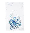 White towel with blue octopus and paint splatters.