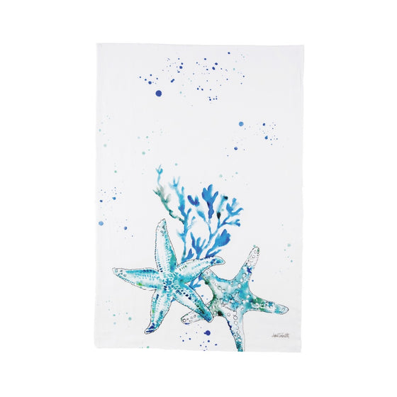 White towel with blue starfish, coral, and paint splatters.