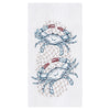 White towel with red and blue crabs on top of a brown fishing net.
