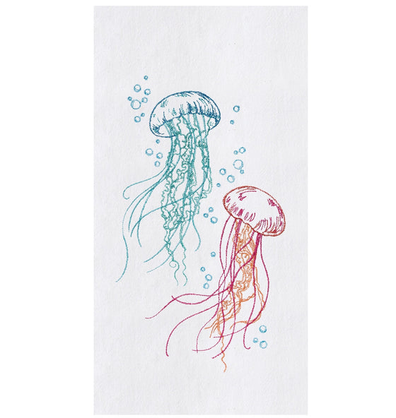 White towel with blue and pink jellyfish.