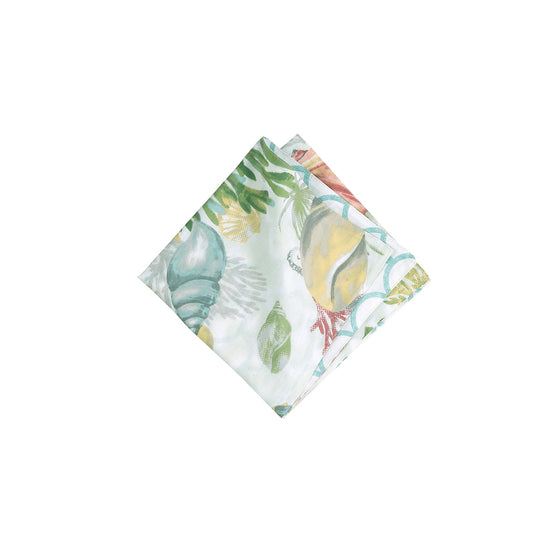 Napkin with beige, blue, green, and yellow shells and vegetation.