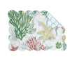 Placemat with beige, blue, green, and yellow sealife, shells, and vegetation.