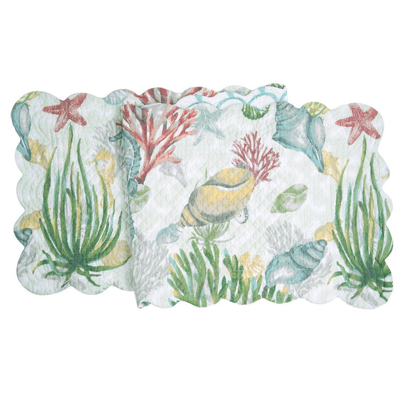 Table runner with beige, blue, green, and yellow sealife, shells, and vegetation.
