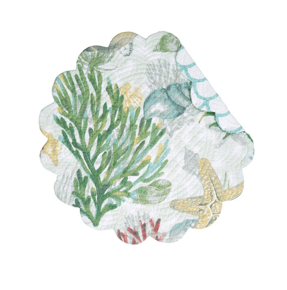 Round placemat with beige, blue, green, and yellow sealife, shells, and vegetation.