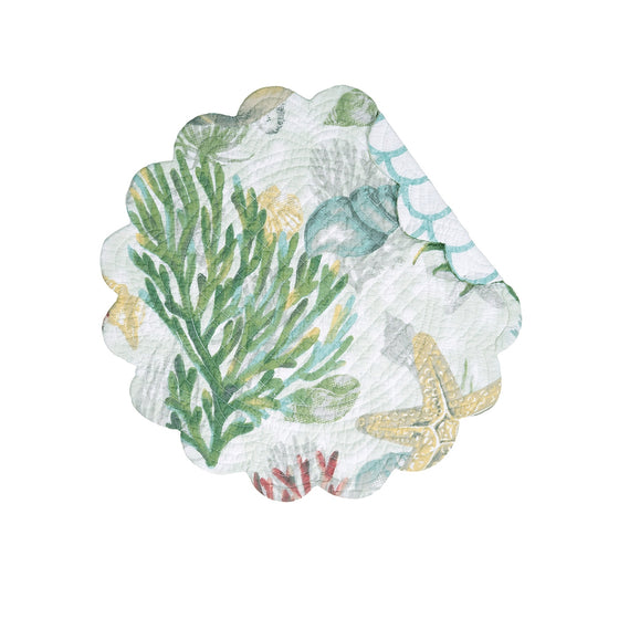 Round placemat with beige, blue, green, and yellow sealife, shells, and vegetation.