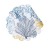 White round placemat with blue and yellow sealife and vegetation.