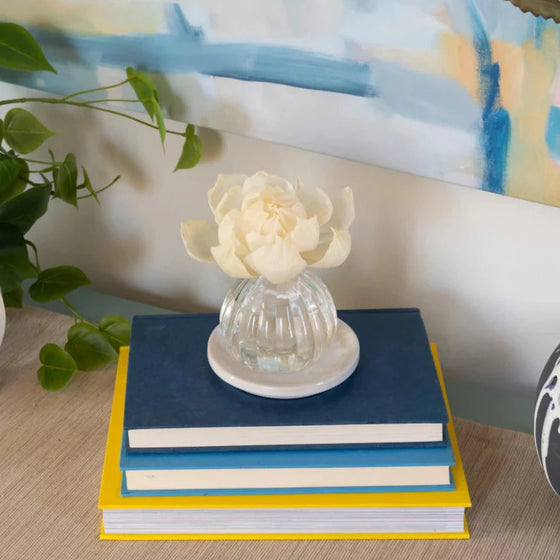 Flower Diffuser-Seaspray ontop of a pile of books.