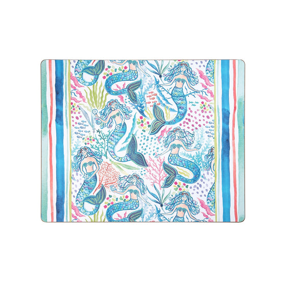 Red, pink, blue, and green placemat with mermaids, fish, and coral between a set of border stripes on the left and right.