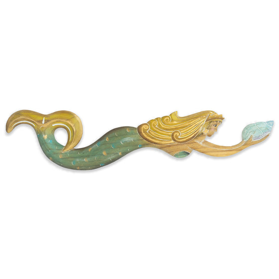 Green and yellow swimming mermaid holding a turqoise seashell
