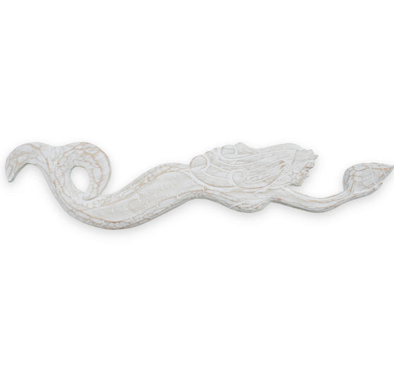 Swimming wooden mermaid holding a shell with a whitewash finish