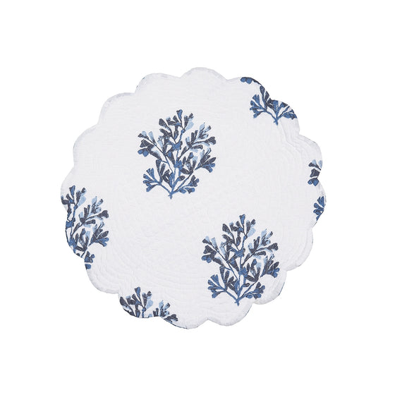 Round white cotton placemat with dark blue coral