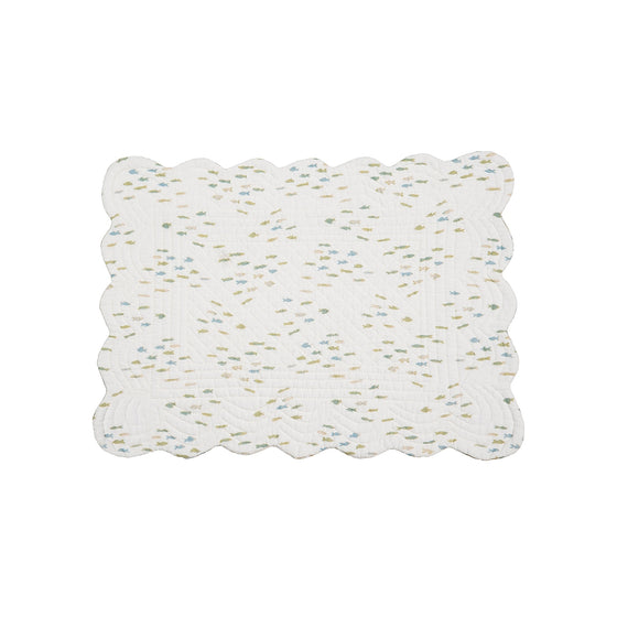 Placemat with green, blue, and beige schools of fish on a white background