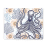 Placemat with dark blue octopus on top of orange and blue sea vegetation.
