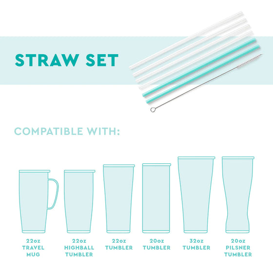 Clear + Aqua Reusable Straw Set infographic displaying what cups/tumblers the straws are compatible with.
