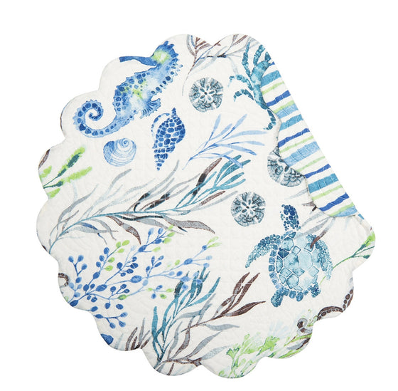 Round placemat with blue-green and brown design of sealife and vegetation.