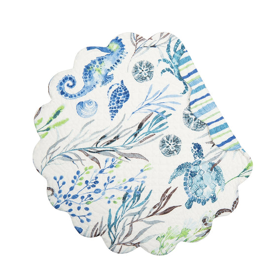 Round placemat with blue-green and brown design of sealife and vegetation.
