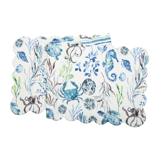 Table runner with blue-green and brown design of sealife and vegetation.