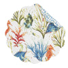 Round placemat with blue, orange, and green seahorses, crabs, and vegetation.