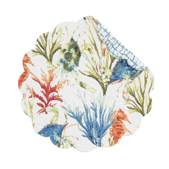 Round placemat with blue, orange, and green seahorses, crabs, and vegetation.