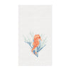 White towel with orange seahorse on top of blue and green coral.