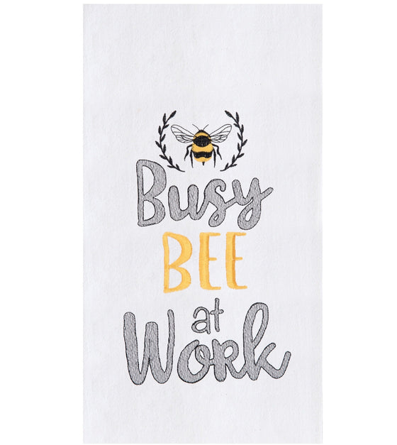 White towel with a black and yellow bee above the words "Busy Bee at Work."