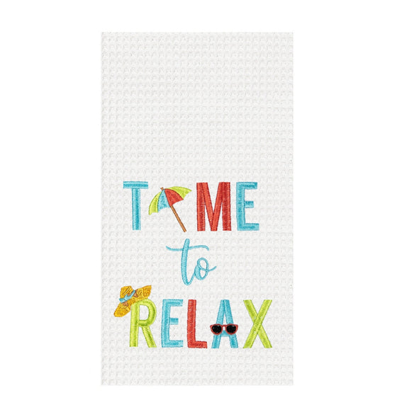 White towel with red, green, and blue text reading "Time to relax."