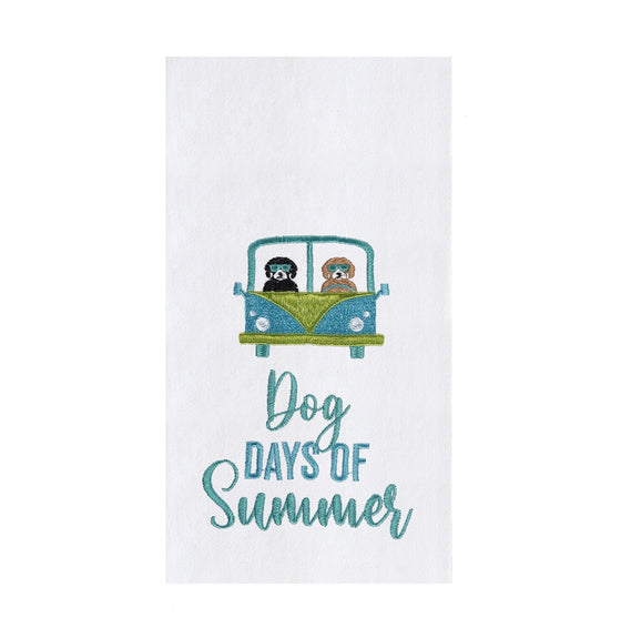 White towel with two dogs in a blue and green van above the words "Dog Days of Summer."