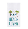White towel with green-blue lettering of beach lover and an image of a dog in a hammock.