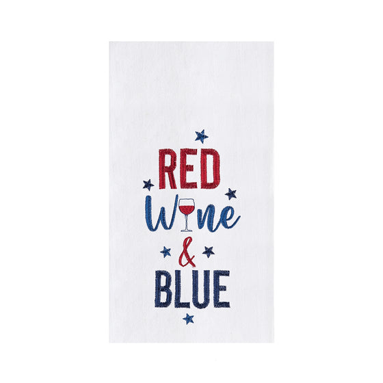 White towel with red and blue text saying "Red, Wine, & Blue."