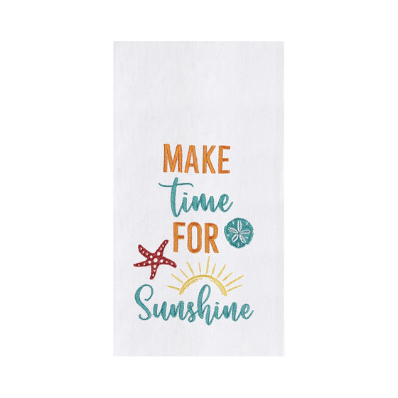 White towel with orange and green text reading "Make time for sunshine."