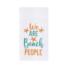 A white towel with orange starfish and orange and green text saying "We Are Beach People."