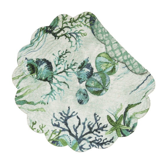Round placemat with green, teal, and blue sealife, shells, and vegetation.