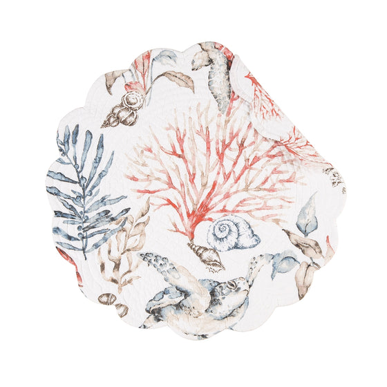 Round placemat with blue, red, and brown sealife, seashells, and vegetation.